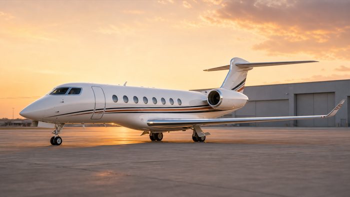 Long-range private jet parked on a runway at sunset